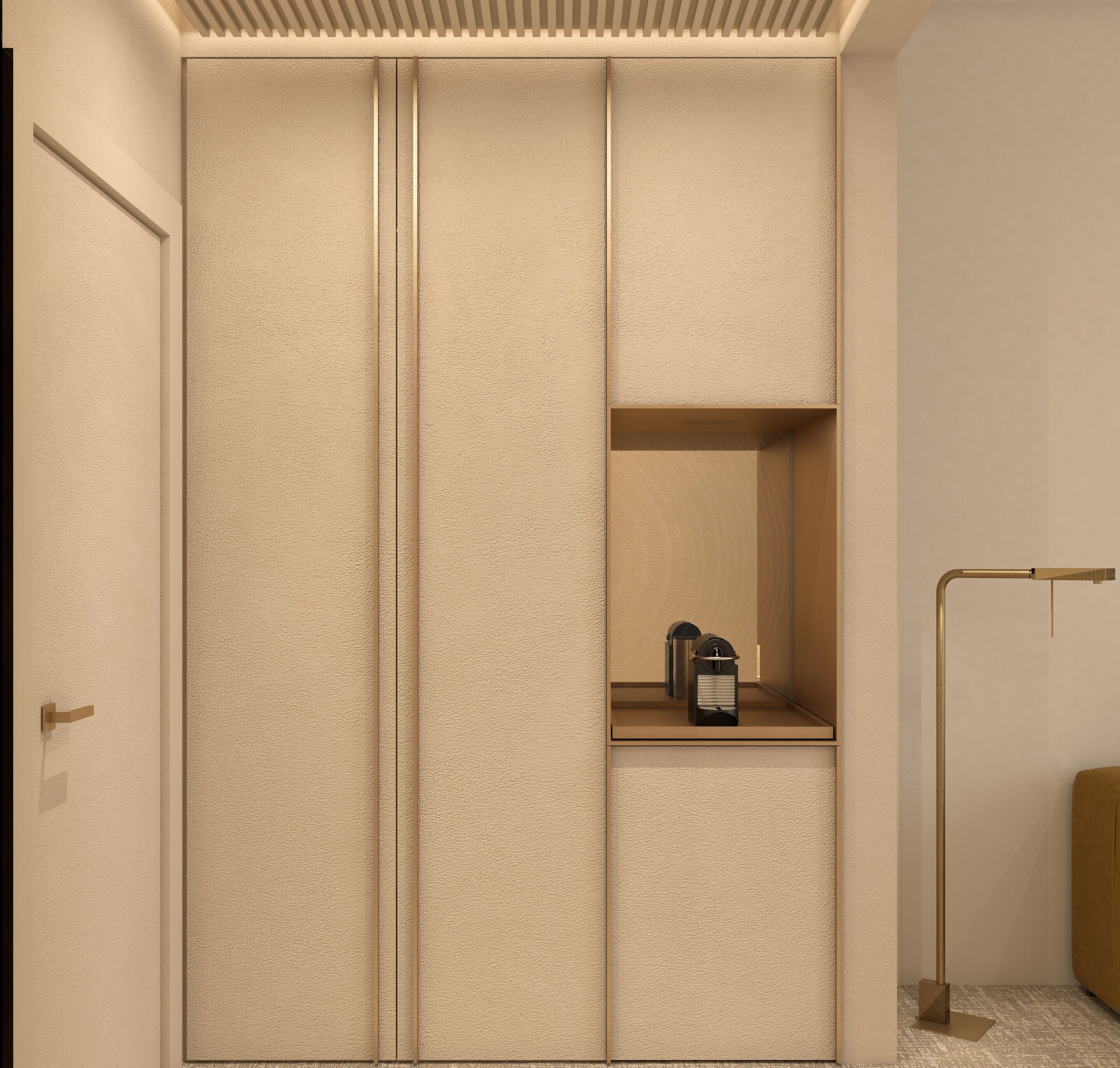 A modern bathroom with a large mirror, a shelf with toiletries, and a floor lamp.