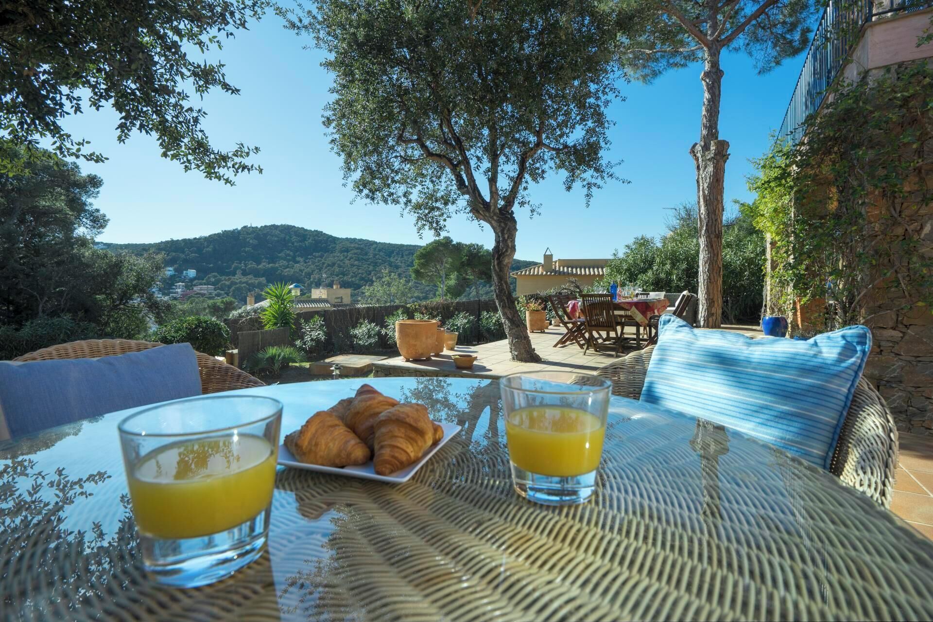 Een tafel met croissants en sinaasappelsap, met uitzicht op een mooi landschap met bomen en een berg in de verte.