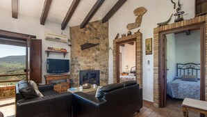 A living room with a stone wall, a fireplace, a television, and a balcony with a view of the countryside.