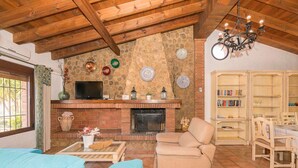A cozy living room with a fireplace, a television, and a bookshelf. - Casa Irene - Four Bedroom Villa, Sleeps 7 (El Gastor)