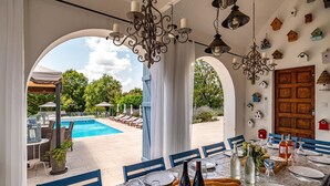 A dining area with a view of a pool and outdoor seating.