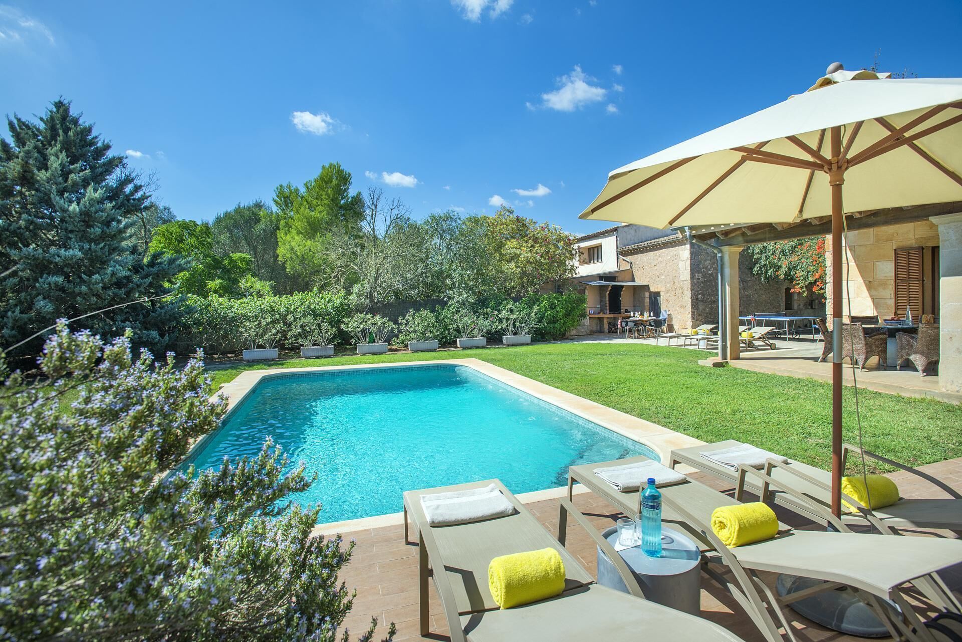 Una piscina rettangolare con lettini prendisole e un ombrellone, circondata da un prato curato e alberi.