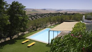 Una piscina con dos tumbonas, rodeada de césped cuidado y árboles.