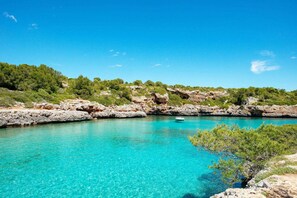 A coastal landscape with clear turquoise waters, rocky terrain, and dense greenery.