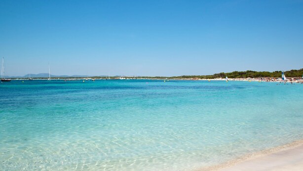 A beach with clear turquoise water, a sandy shore, and sailboats in the distance.