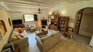 A living room with a fireplace, a television, a bookshelf, and a sofa.