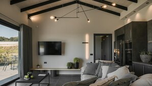 Ein modernes Wohnzimmer mit einem großen Fernseher, einer Couch mit vielen Kissen, einem Couchtisch und einer Topfpflanze.