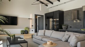 Un soggiorno moderno con un divano modulare grigio, un tavolino da caffè nero e una TV a schermo piatto montata a parete. È presente un angolo cottura con mobili scuri e un forno a incasso.