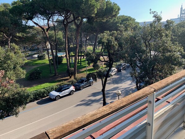 Een park met bomen en een weg.
