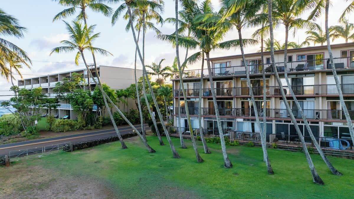 Un hotel de varios pisos con balcones, rodeado de palmeras y vistas al océano.