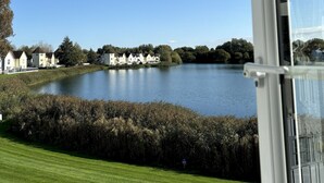 Vista de un lago con casas al fondo.