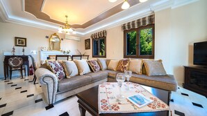 Ein Wohnzimmer mit einer Sofagarnitur, einem Couchtisch mit Gläsern, einem Kamin und einem Fernseher.