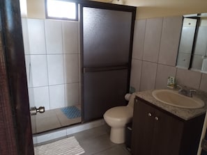 Shower, towels, soap, shampoo