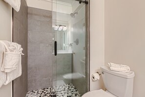 Shower, towels, soap, shampoo