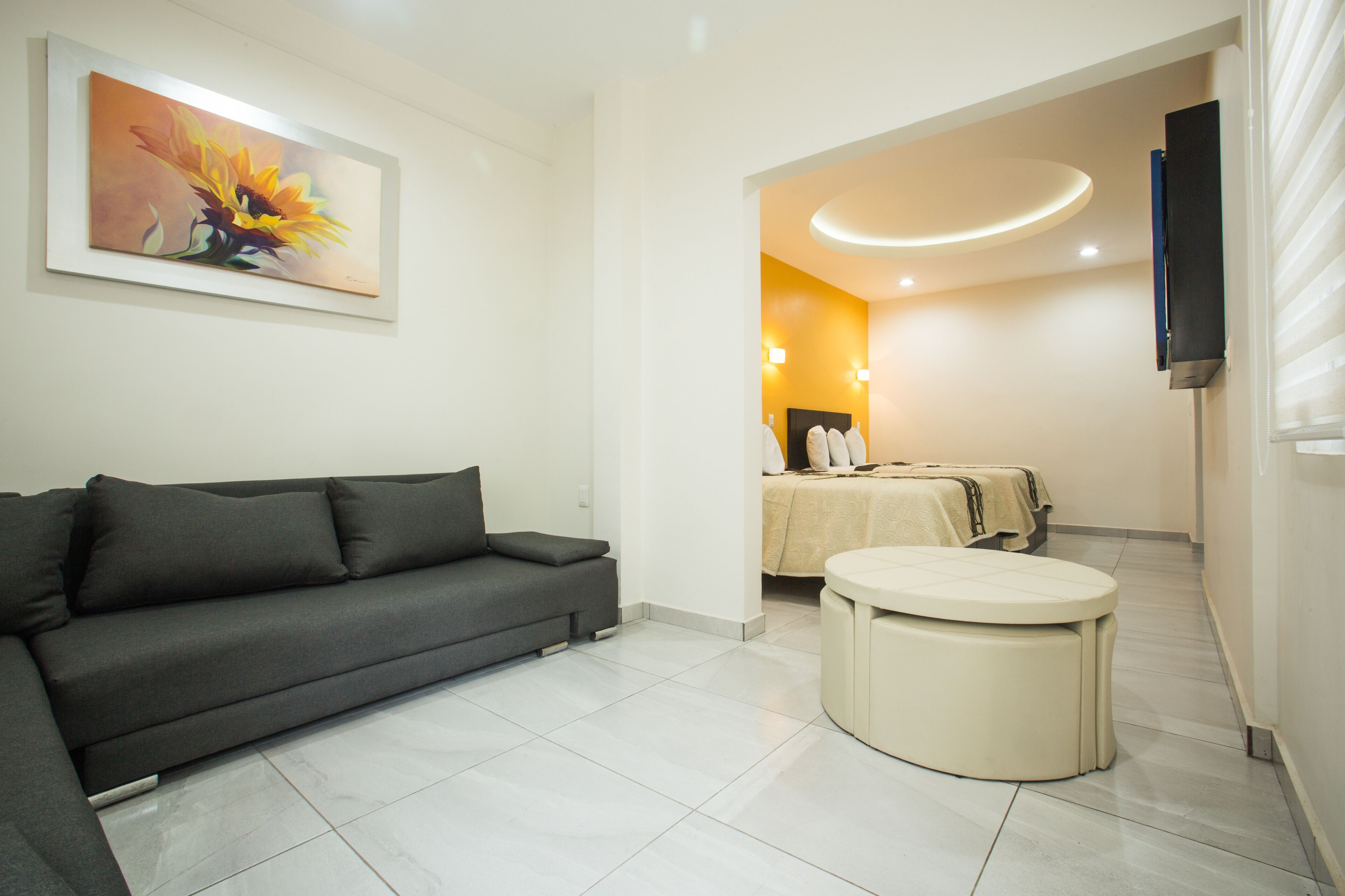 Habitación doble Deluxe | Sala de estar | Televisión de pantalla plana de 55 pulgadas con canales vía satélite 