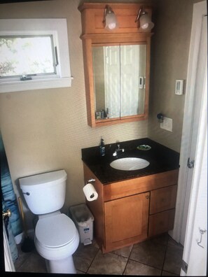 Hair dryer, towels, soap, shampoo