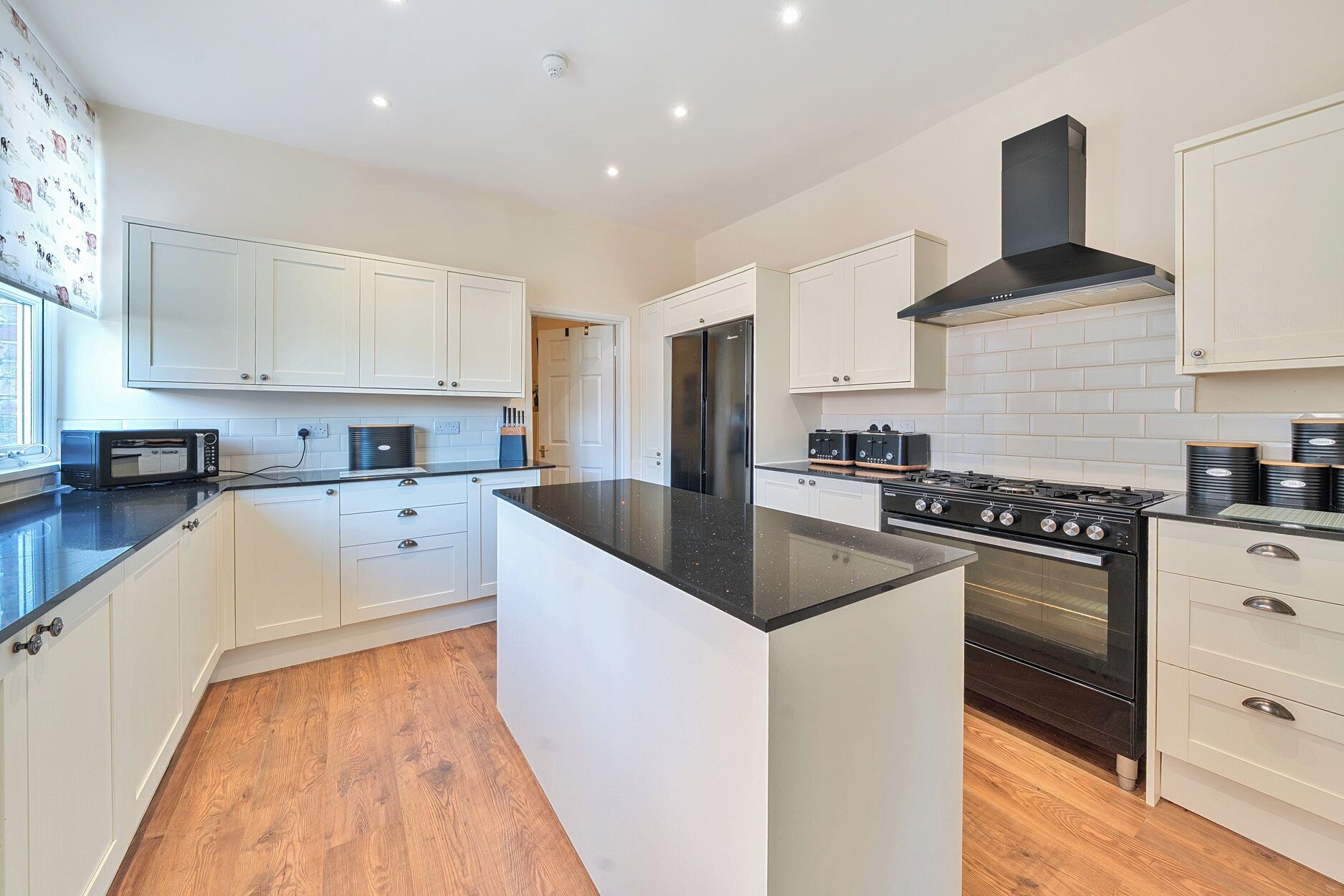 Fridge, electric kettle, toaster, cookware/dishes/utensils