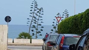 Une route côtière bordée de voitures garées, un panneau de priorité et un lampadaire.