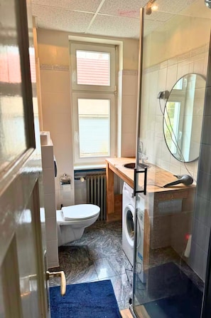 Shower, hair dryer, bidet, towels