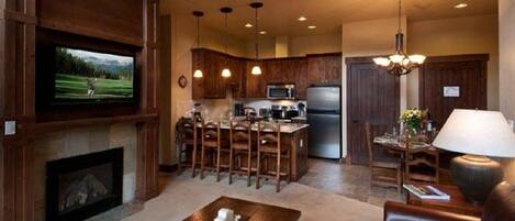 Smart TV, fireplace, video games, DVD player