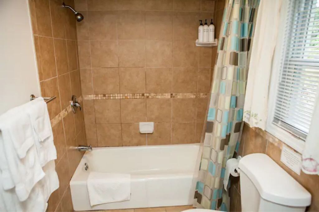 Hair dryer, towels, soap, shampoo