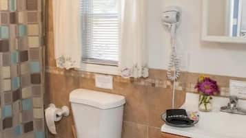 Hair dryer, towels, soap, shampoo
