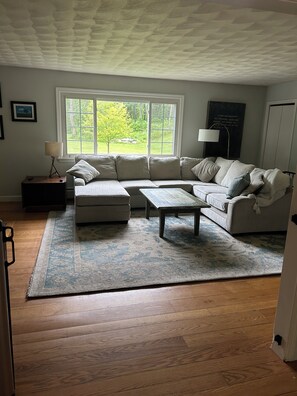 TV connectée, cheminée, livres, écrans d'ordinateur