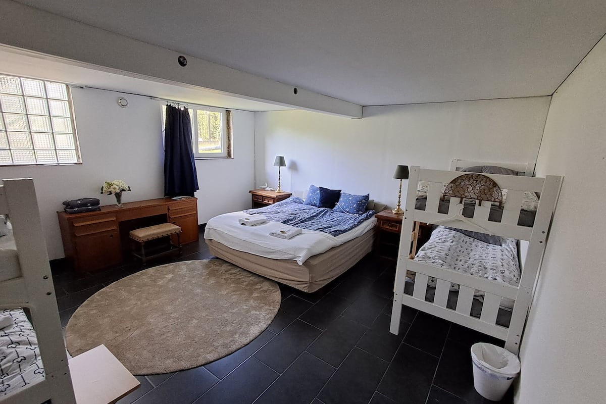 Un dormitorio con cama, escritorio, silla y una alfombra redonda pequeña.