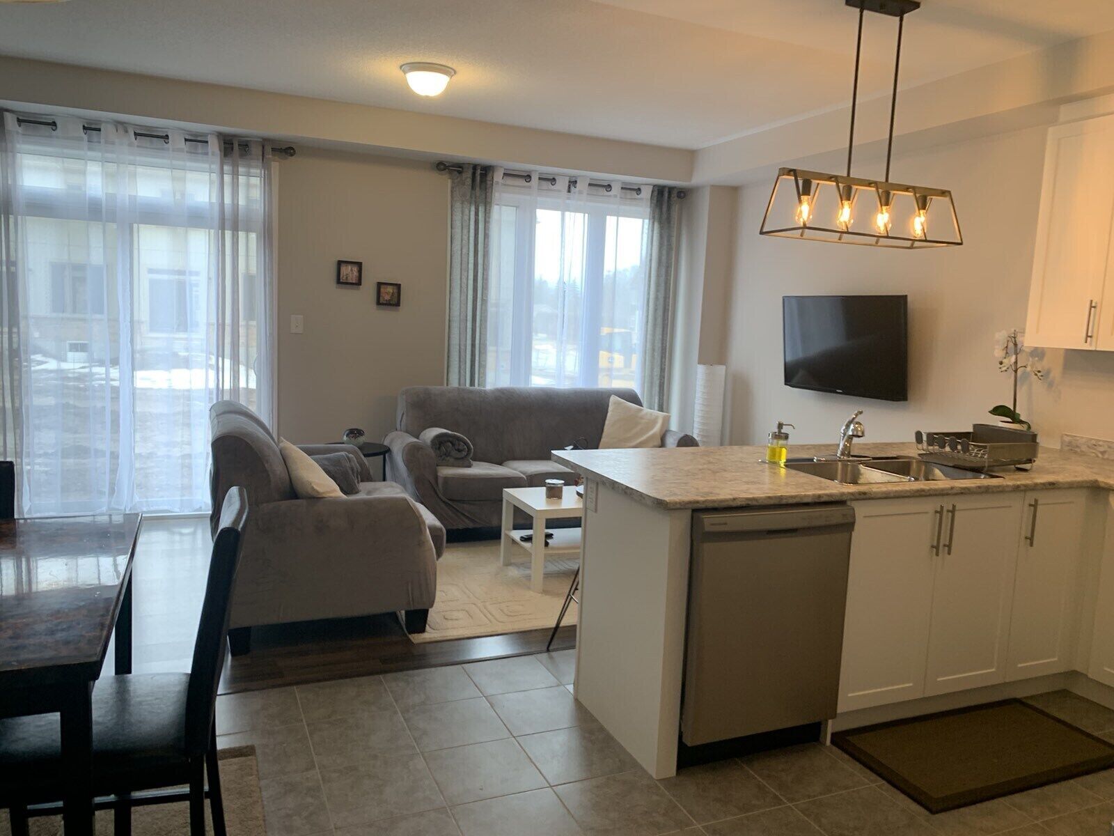 Un appartement moderne comprenant un salon, une cuisine et un coin repas.