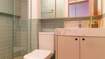 A modern bathroom with a glass shower enclosure, a white toilet, and a marble sink with a mirror above.