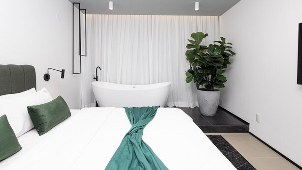 A modern bedroom with a large bed, a white bathtub, and a potted plant. - Vossa Bossa Copan (São Paulo)