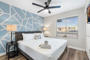 4 bedrooms, desk, iron/ironing board, travel crib