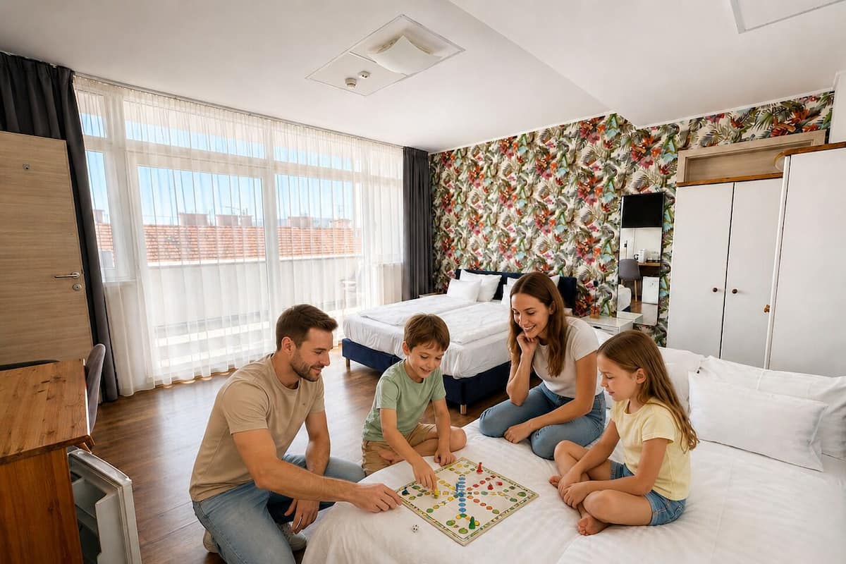 A family playing a board game in a bedroom with a bed, a wardrobe, and a window with curtains.