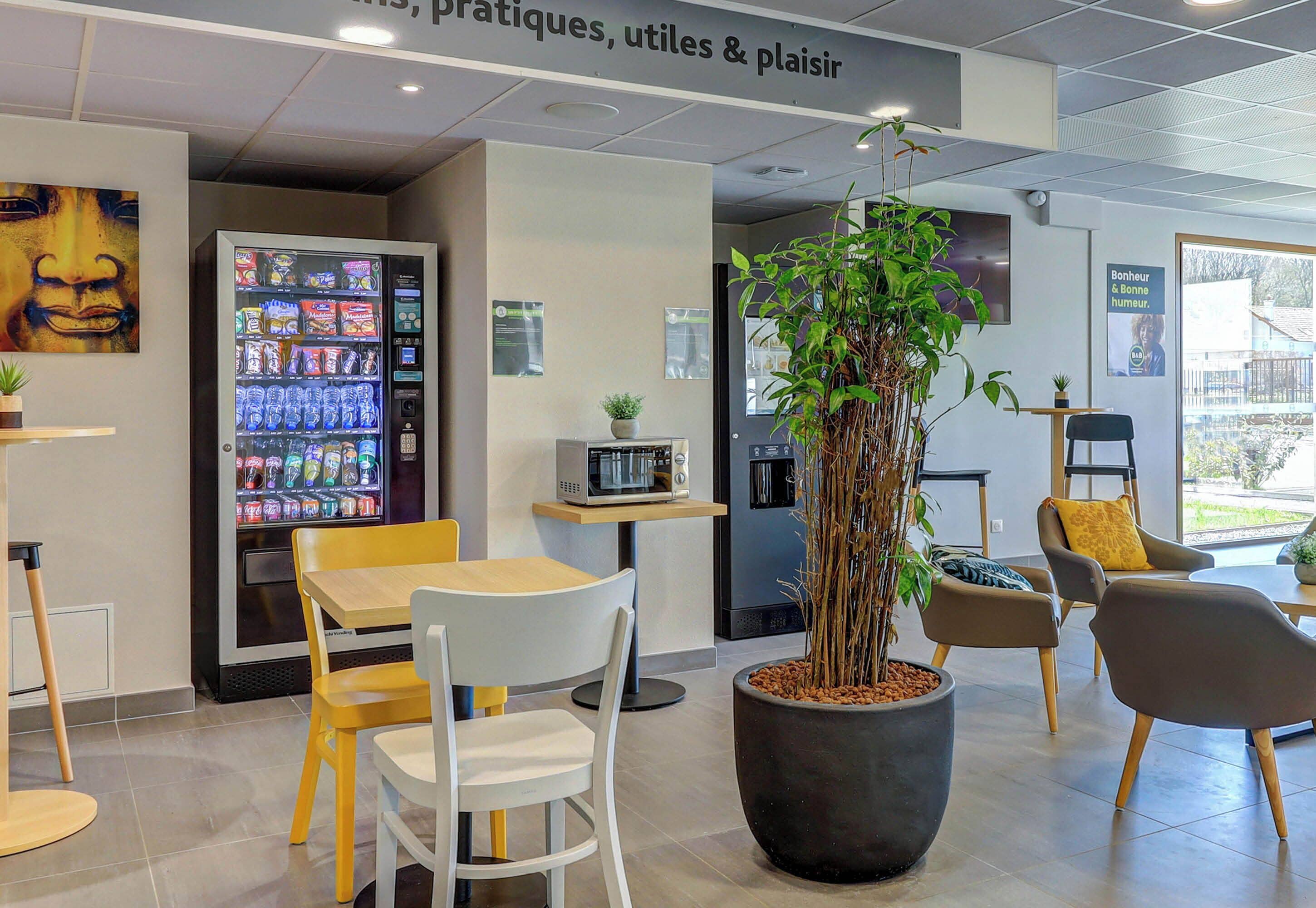 Un espace intérieur moderne, aménagé avec des sièges, un distributeur automatique et une grande plante en pot.