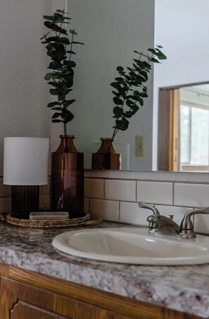 A bathroom with a white sink, a mirror, and two potted plants. - McCall Suite Spot: 1-bedroom with indoor fireplace (McCall)