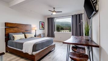 1 bedroom, desk, iron/ironing board, travel cot