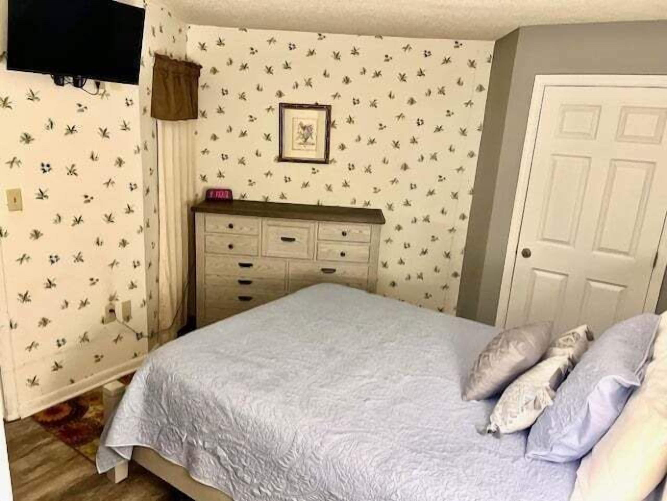 A bedroom with a bed, dresser, and a door.