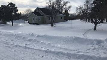 Un paisaje nevado con una casa y árboles.