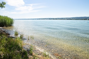 A clear lake with visible rocks and vegetation along the shore. - Apartment right on the lake (Allensbach)