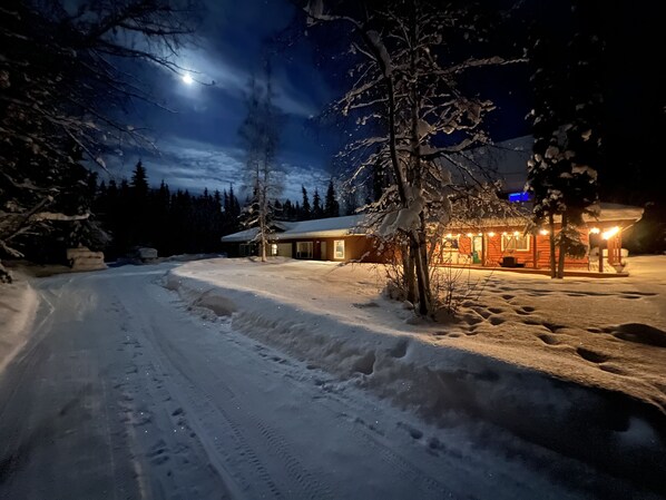A snow-covered landscape with a cabin illuminated by warm lights, surrounded by trees and a clear night sky.