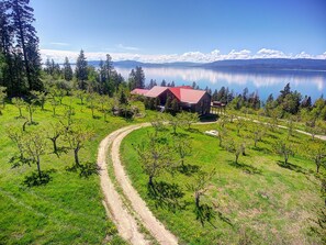 Escape to a serene lakeside retreat surrounded by lush greenery and a picturesque vineyard.