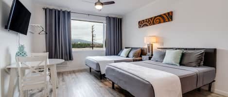 A bedroom with two beds, a desk, a TV, and a ceiling fan.