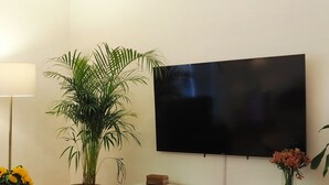 Una sala de estar con televisor de pantalla plana, una planta en maceta, una mesita con un jarrón de flores y una estantería.
