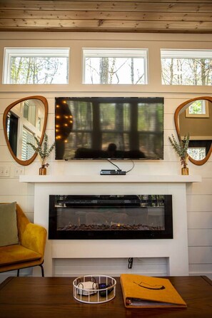 TV, fireplace, DVD player, books