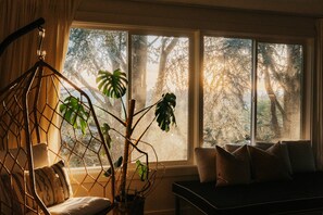 Une pièce avec une grande fenêtre, un fauteuil suspendu, une plante en pot et un canapé avec des coussins.