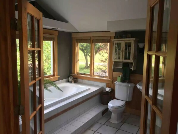 Shower, eco-friendly toiletries, hair dryer, towels
