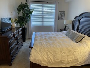 Une chambre à coucher avec un lit, une commode, un téléviseur, une plante en pot et une fenêtre avec des stores.