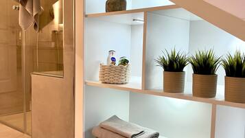 Shower, hair dryer, towels, soap