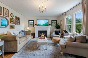 TV connectée, cheminée, livres, médiathèque