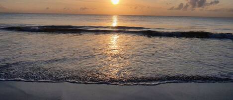 Une plage au coucher du soleil, où les vagues viennent doucement lécher le rivage.